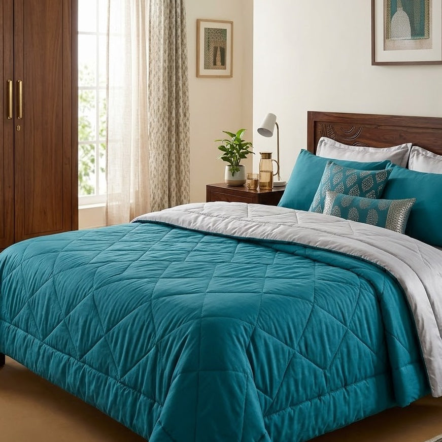 120 GSM Reversible Summer AC Comforter – 2-in-1 Ultra-Light Dohar – on a bed
