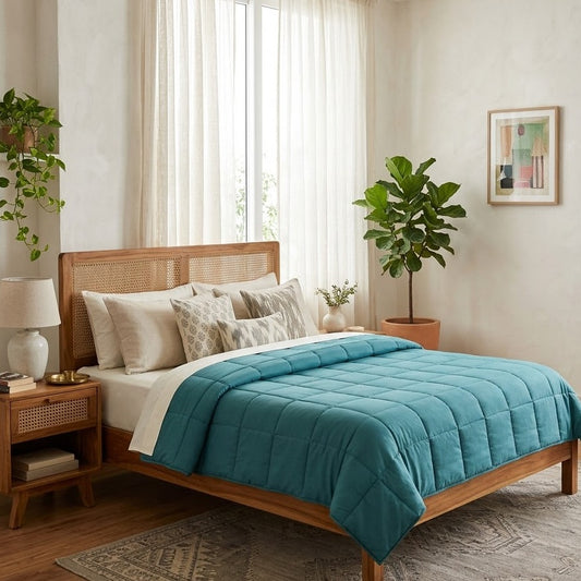 120 GSM Summer AC Comforter – Ultra-Light Microfiber Dohar Blanket – on a bed